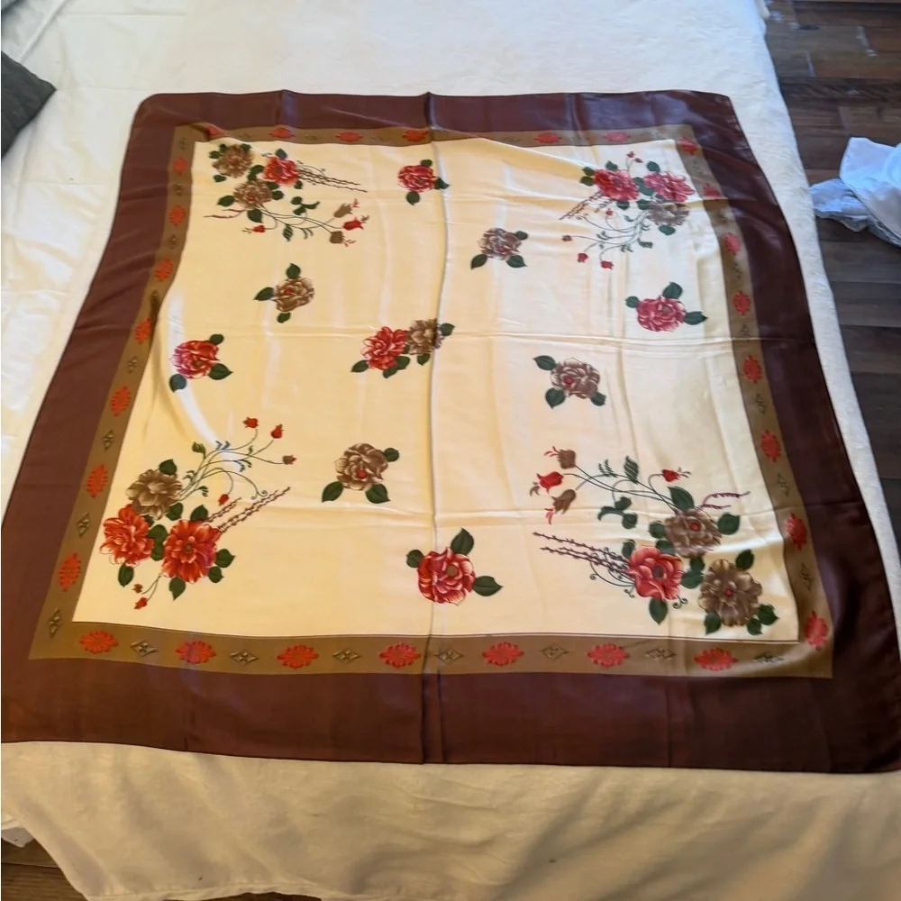 Large vintage 1960s Floral Square Scarf with Brown Border